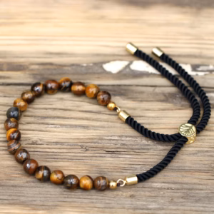 Bracelet en Gemme Plaqué Or 18K - Cordon Noir - Oeil Tigré