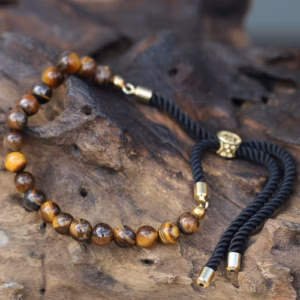 Bracelet en Gemme Plaqué Or 18K - Cordon Noir - Oeil Tigré