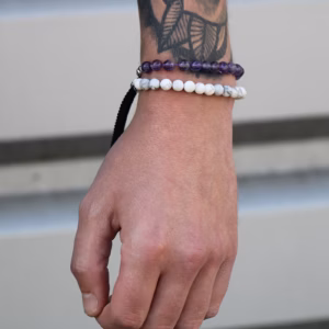 925 Verzilverde Edelsteen Armband met Marine Blauw Koord - Witte Howliet