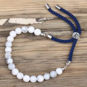 925 Verzilverde Edelsteen Armband met Marine Blauw Koord - Witte Howliet