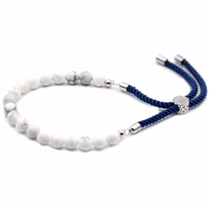 925 Verzilverde Edelsteen Armband met Marine Blauw Koord - Witte Howliet