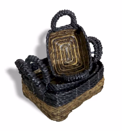 Firkantet Kurv med Bananblad og Hitam Raffia - Sett med 3 Stk.