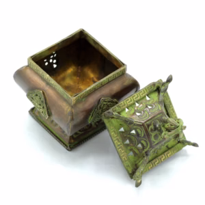 Brass Verdigris Tibetan Burner - Four Symbols Square Standing Pot