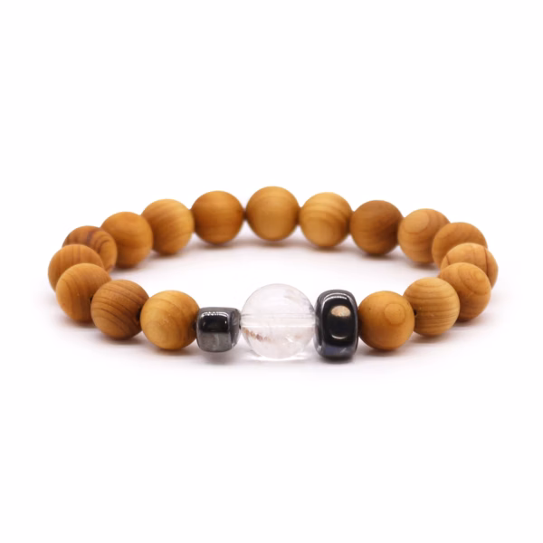 Bracelet Chakra de la Couronne en Bois de Cèdre avec Quartz Clair