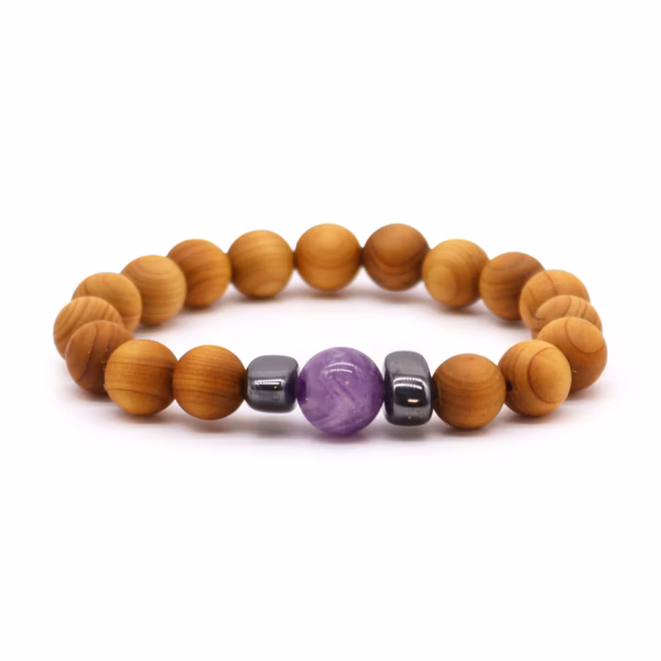 Bracelet Chakra du Troisième Oeil en Bois de Cèdre avec Améthyste