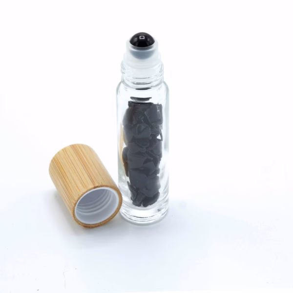 Gemstone Essential Oil Roller Bottle - Black Tourmaline - Wooden Cap - 5ml