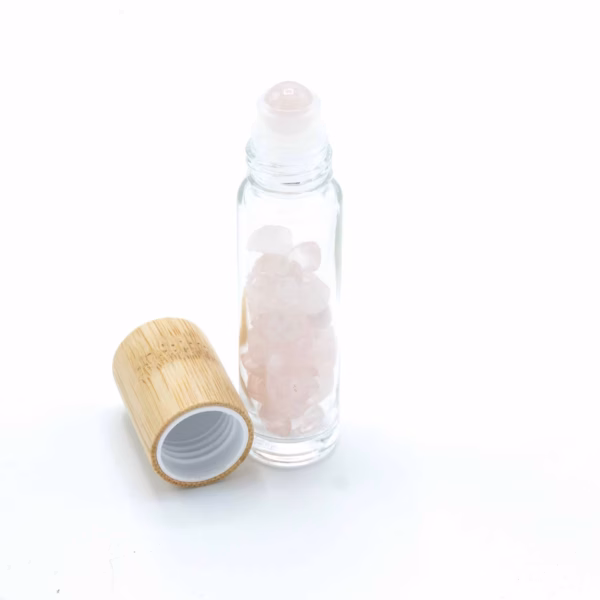 Botella Roll - On con Gemas - Cuarzo Rosa - Tapa de Madera
