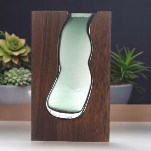 Vase en Verre / Support en Bois de Tung Foncé - 14,5x5x23cm