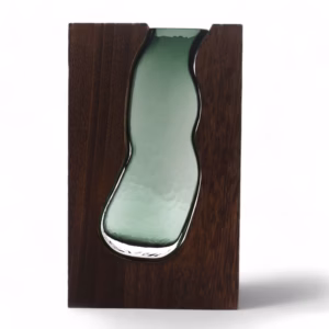 Vase en Verre / Support en Bois de Tung Foncé - 14,5x5x23cm