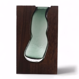 Vase en Verre / Support en Bois de Tung Foncé - 14,5x5x23cm