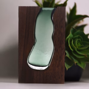 Vase en Verre / Support en Bois de Tung Foncé - 14,5x5x23cm