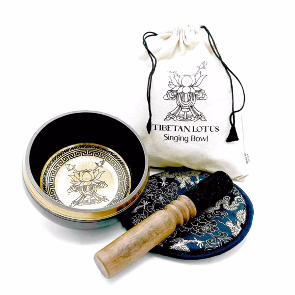 Set de Regalo de Cuenco Tibetano Hecho y Grabado a Mano - 14cm - Flor de Loto