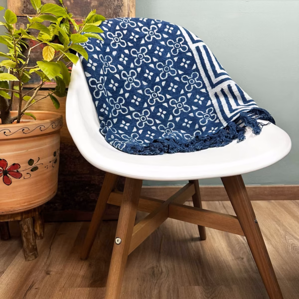 Jeté de Canapé/Lit Indigo Fait Main - 170x120cm - Carreaux Kasba