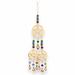 Indisk Vindspil - Messing Tri - Pentagram - 7 Klokker - 9,5x32cm