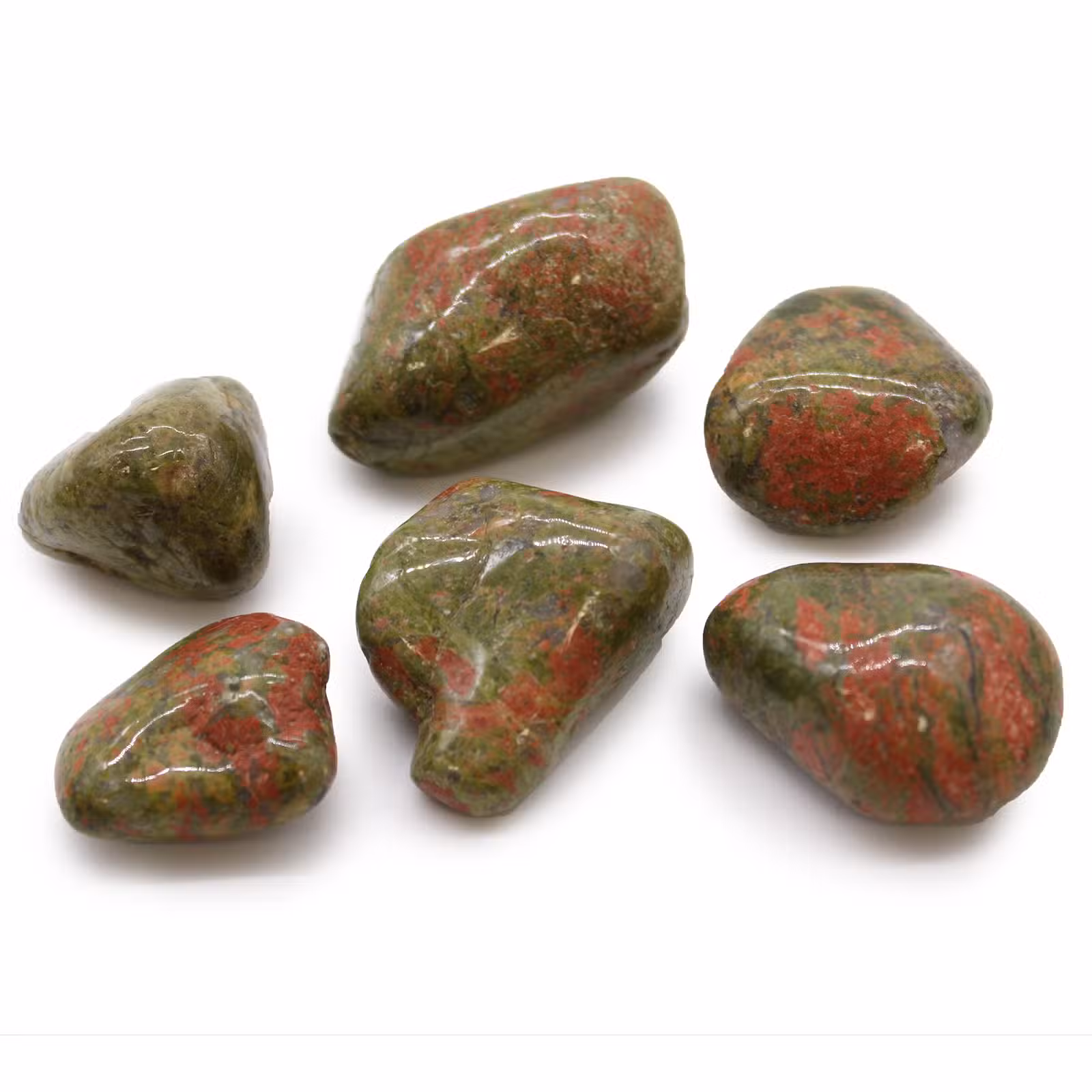 Pose med 6 Store Afrikanske Tromlede Steiner - Unakite