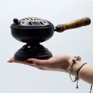 Iron Censer on Stand Incense Burner - Gold Detail - Large