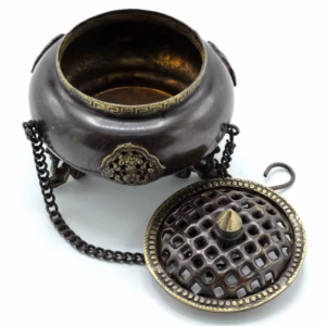 Brass Tibetan Burner - Four Symbol Hanging Pot - Large
