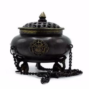 Brass Tibetan Burner - Four Symbol Hanging Pot - Large