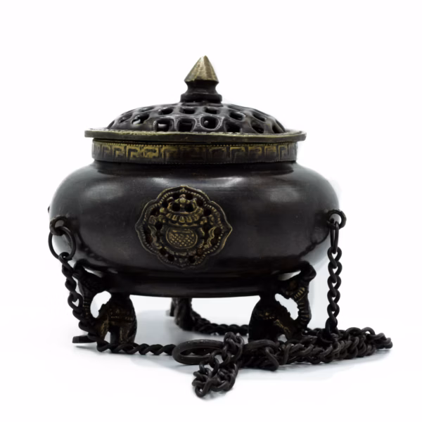 Brass Tibetan Burner - Four Symbol Hanging Pot - Large