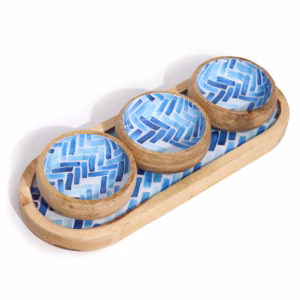 Tablett aus Mangoholz mit 3 Schalen - Blaue Streifen