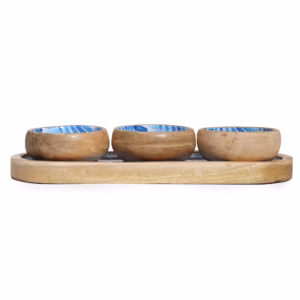 Tablett aus Mangoholz mit 3 Schalen - Blaue Streifen