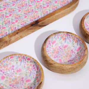 Mango Houten Dienblad met 3 Kommetjes - Mooi Bloemenpatroon