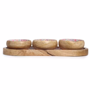 Mango Houten Dienblad met 3 Kommetjes - Mooi Bloemenpatroon