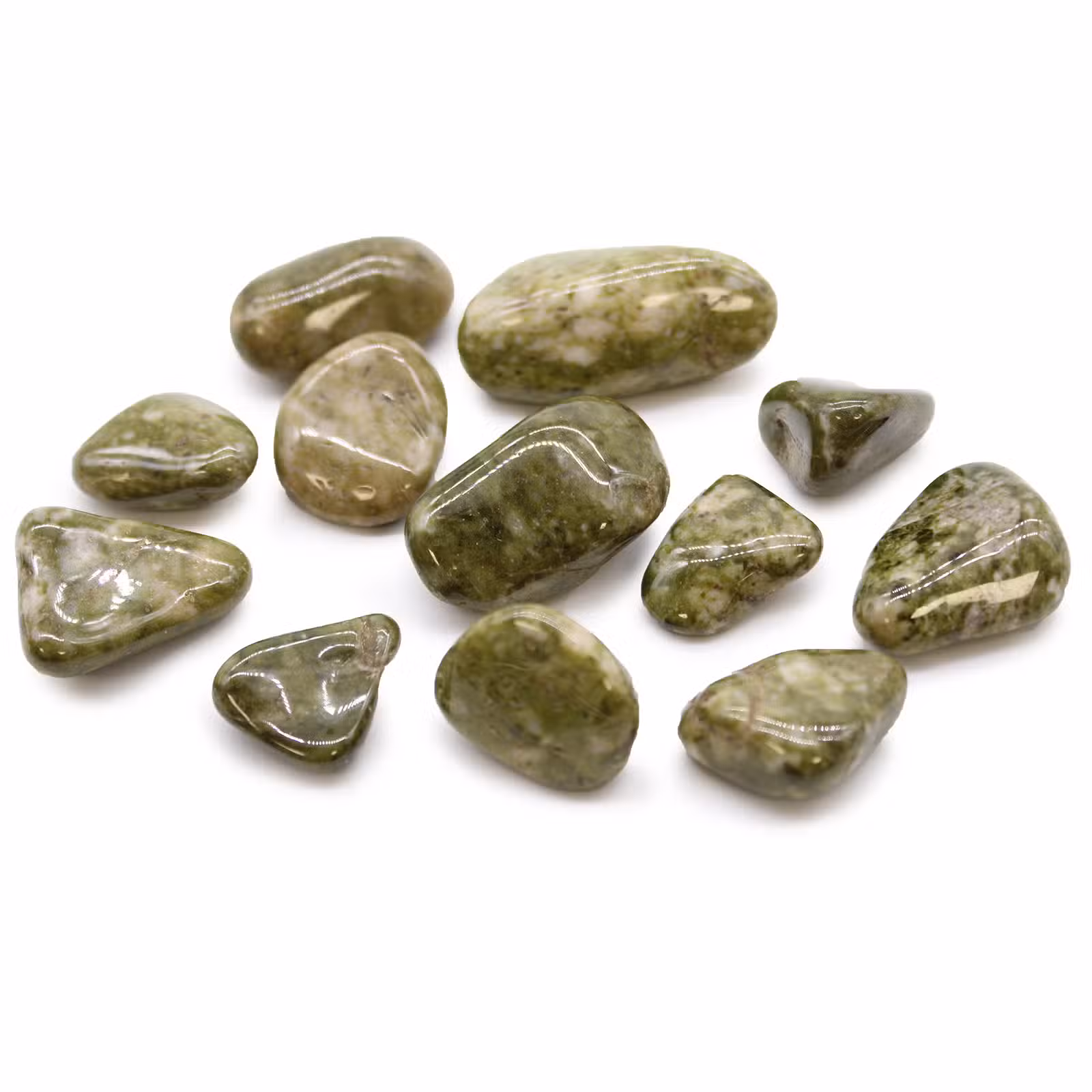 Pose med 12 Mellomstore Afrikanske Tromlede Steiner - Epidote Snowflake