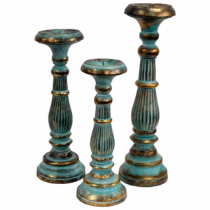 Bougeoir Bois Rétro Moyen - Turquoise & Or