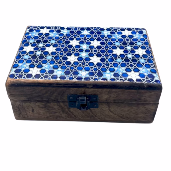 Caja de Madera de Cerámica Esmaltada Mediana - Estrellas Azules