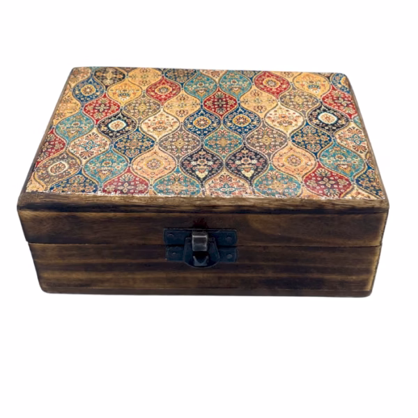 Boîte Moyenne en Bois Recouverte de Céramique - Motif Traditionnel