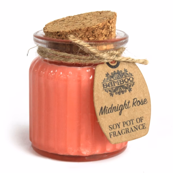 Sojawachskerze in Glas mit Korkdeckel "Mitternachtsrose"