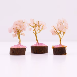 Mini Árbol de Piedras - Base Madera - Cuarzo Rosa - 15 Piedras