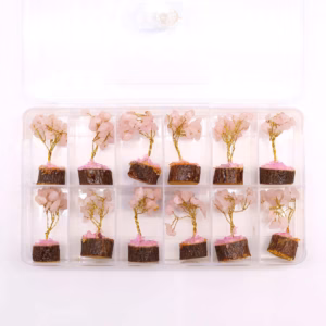 Mini Árbol de Piedras - Base Madera - Cuarzo Rosa - 15 Piedras