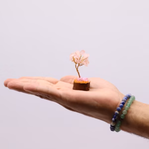 Mini Árbol de Piedras - Base Madera - Cuarzo Rosa - 15 Piedras