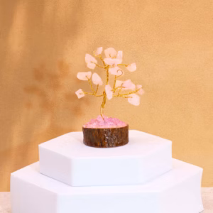 Mini Árbol de Piedras - Base Madera - Cuarzo Rosa - 15 Piedras