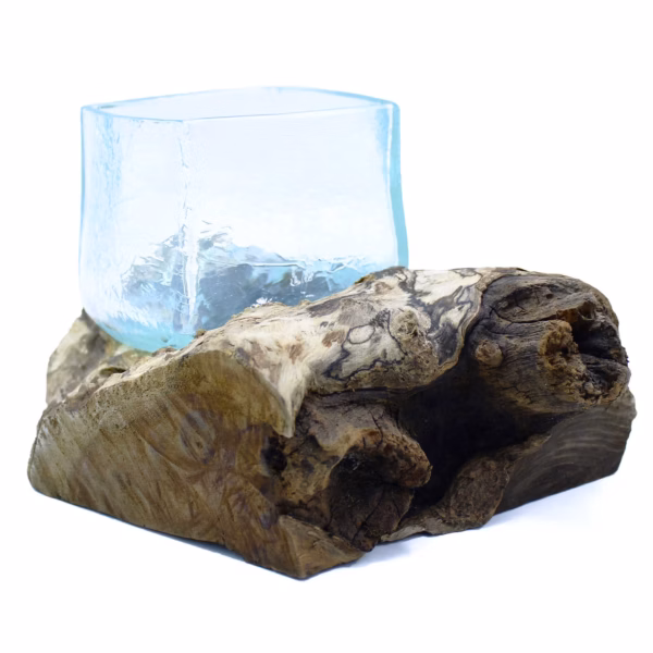 Gesprungener Glasbehälter, Geblasen auf Holz