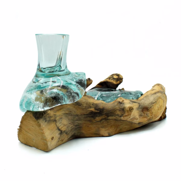 Vase à Fleurs en Verre Fondu et Porte - Bougie sur Bois