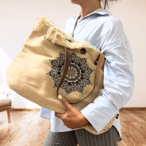 Sac en Toile Naturelle Poignée en Cuir - Mandala