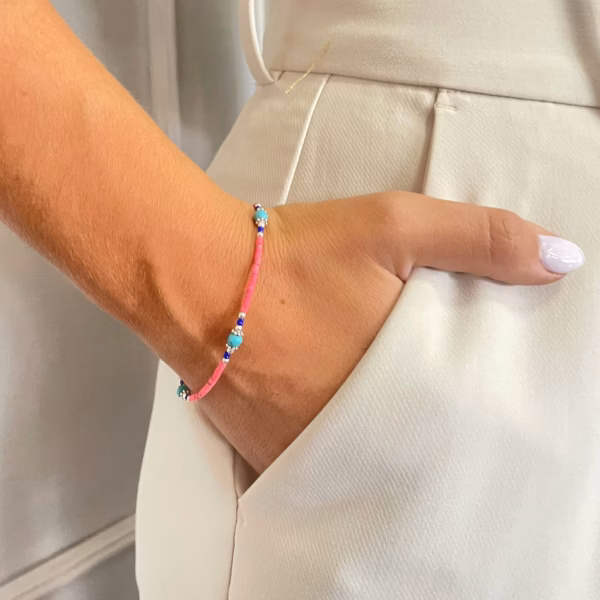 Pulsera Nepalés de Gemas Extra Finas - Cuentas de Coral Rosa y Turquesa
