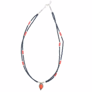 Collier Népalais Extra Fin à Deux Lignes - Pendentif Noir & Corail
