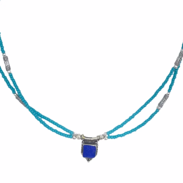 Nepalesiskt Extra Fint Tvåradigt Halsband - Hänge Turkos & Lapis