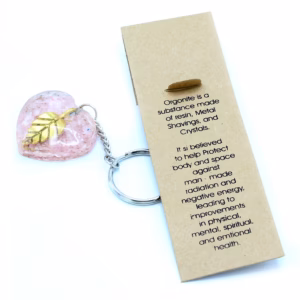 Llavero de Orgonita - Corazónes de Cuarzo Rosa Hoja de Oro