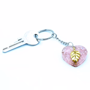 Llavero de Orgonita - Corazónes de Cuarzo Rosa Hoja de Oro