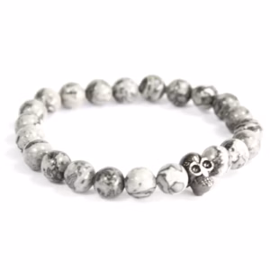 Calavera de Peltre / Ágata Gris - Pulsera de Piedras Preciosas