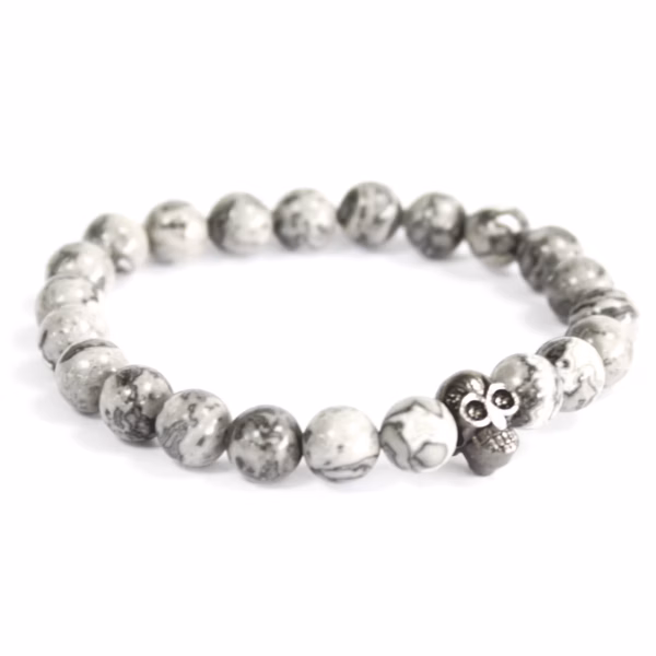 Calavera de Peltre / Ágata Gris - Pulsera de Piedras Preciosas
