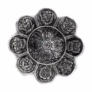 Røkelsesholder med Tibetanske Symboler I Polert Aluminium, 12cm