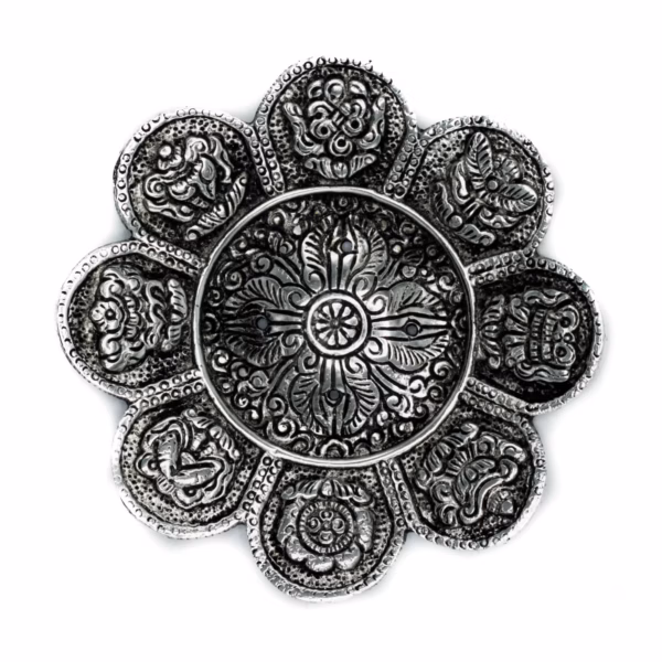 Røkelsesholder med Tibetanske Symboler I Polert Aluminium, 12cm