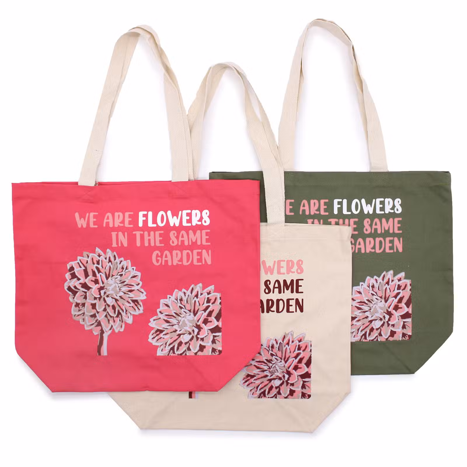 Printed Cotton Bag - We Are Flowers - Oliva, Rosa And Natural