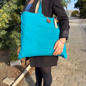 Sac Réversible en Jute et Coton - Bleu Canard - Grand